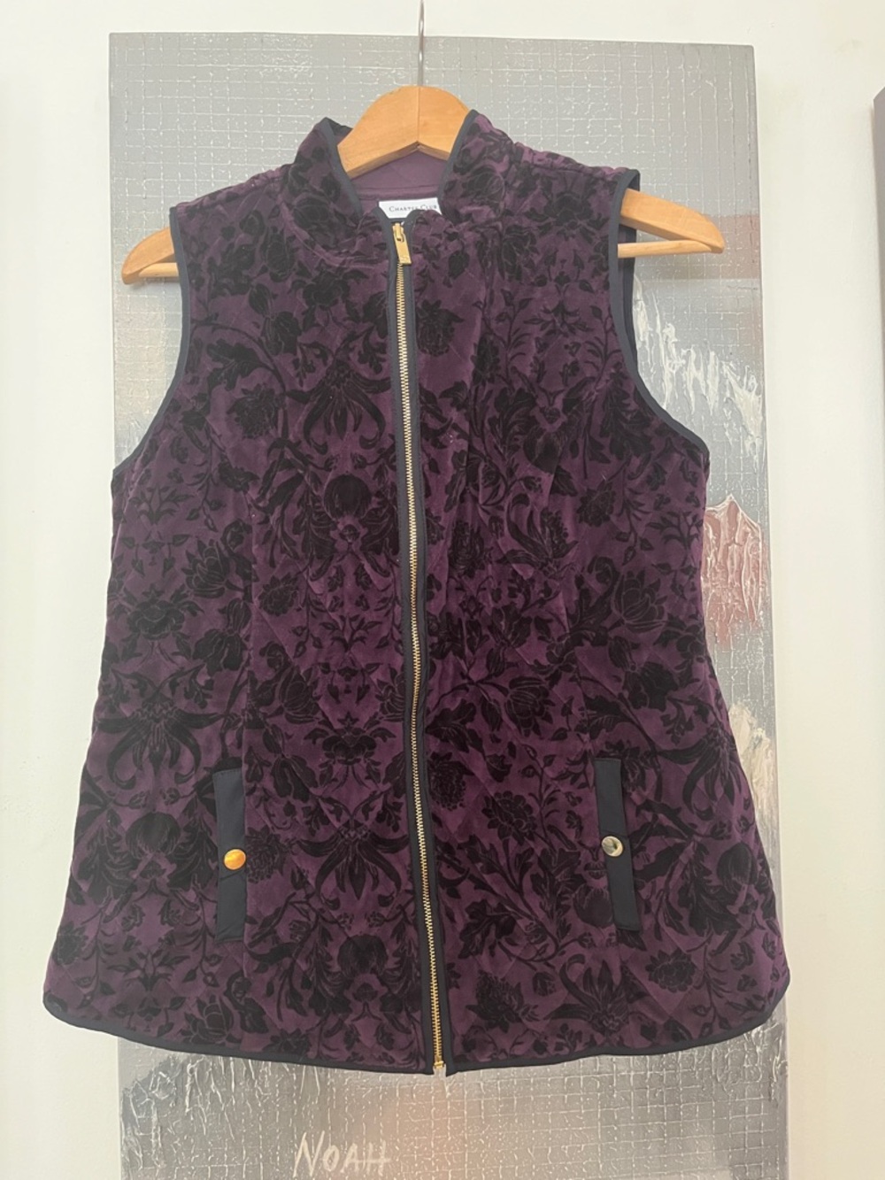 Charter Club Purple Velvet Burnout Floral Zip Vest with Gold Zipper